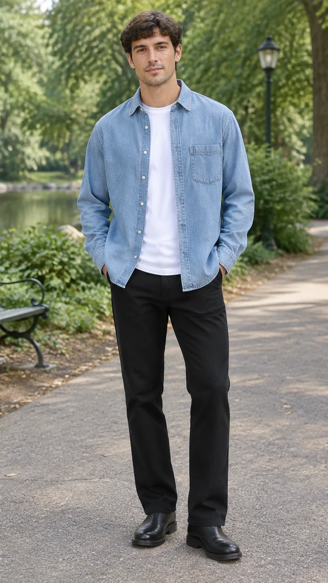 Adult man wearing a plain light denim overshirt and black trousers in a park.