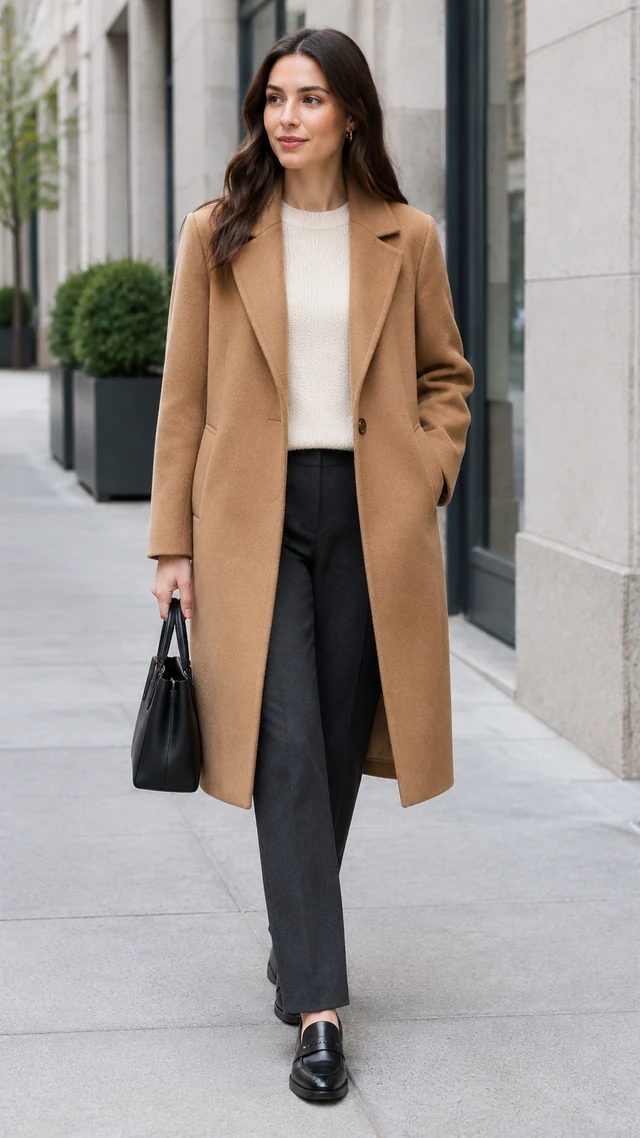 Adult woman in a plain camel coat and dark trousers, full outfit visible on a city sidewalk.