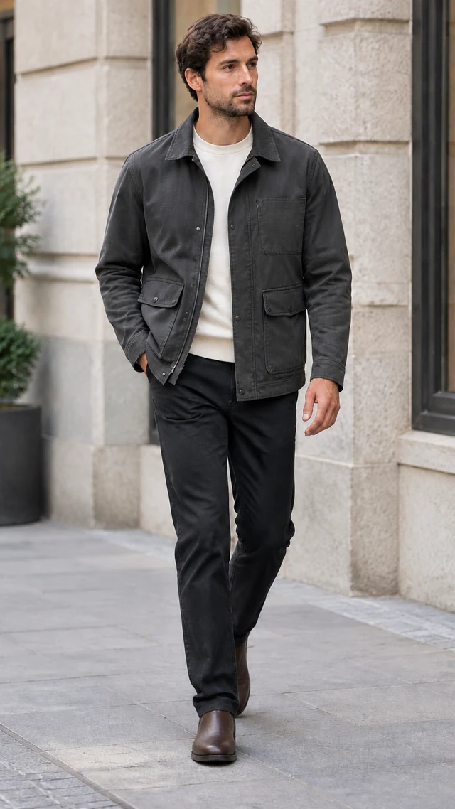 Adult man wearing a plain charcoal field jacket and dark trousers with brown leather boots on a city sidewalk.