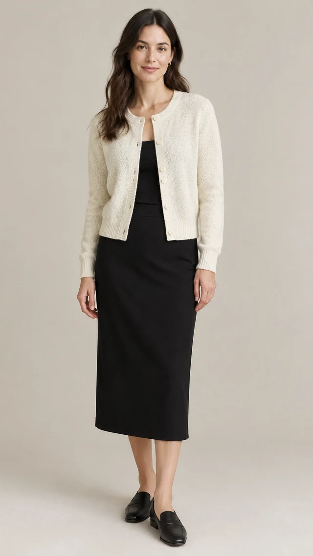 Adult woman wearing a cream knit cardigan and black midi skirt, full look and knit detail visible.