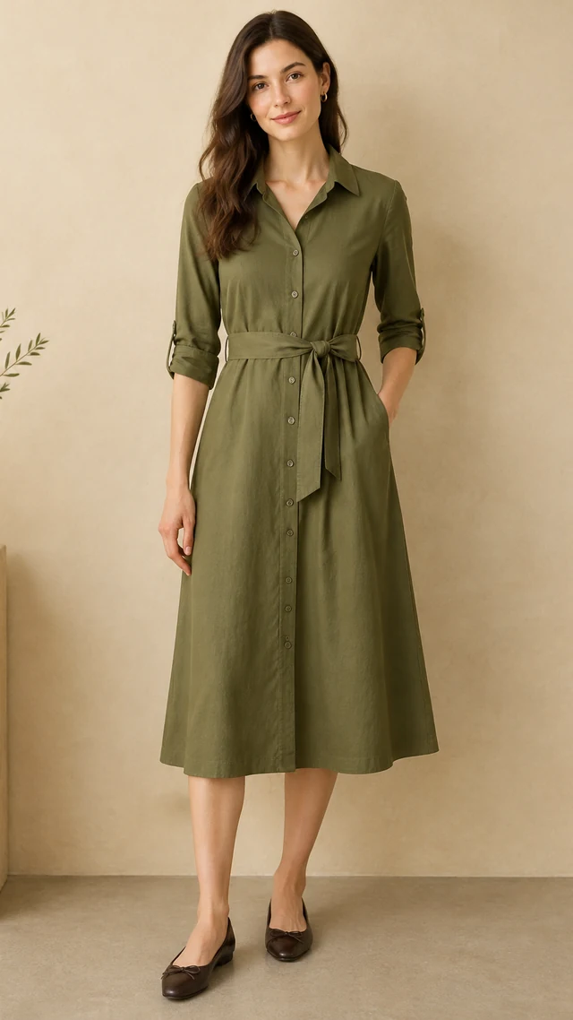 Adult woman wearing an olive shirt dress with a self-fabric belt, complete silhouette visible.