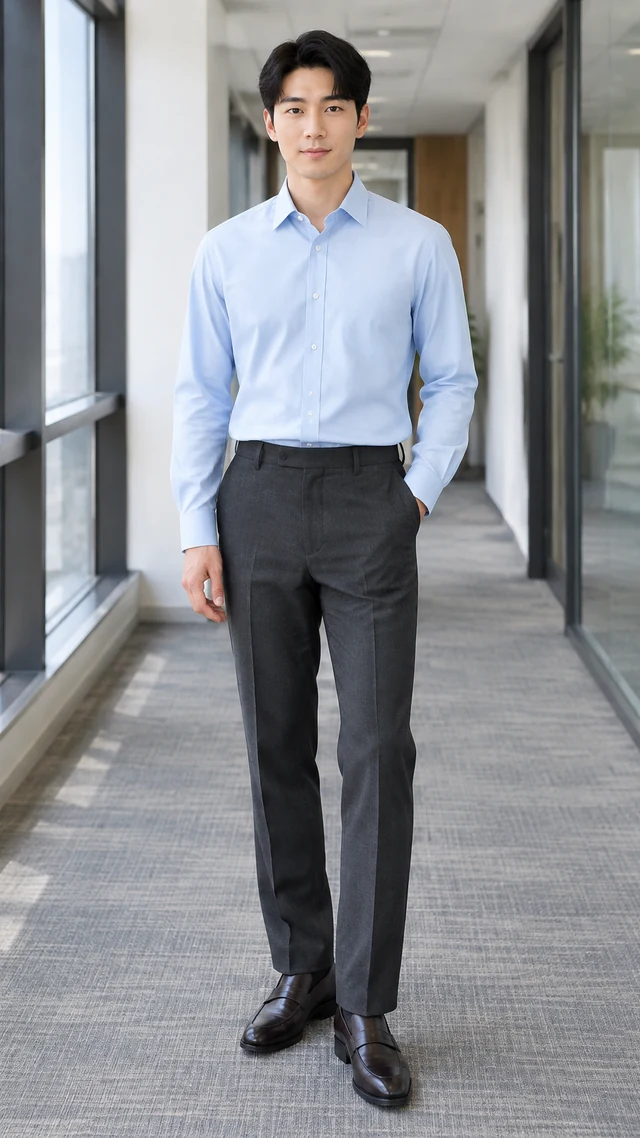 Adult man wearing a plain pale blue shirt and charcoal trousers in an office hallway.