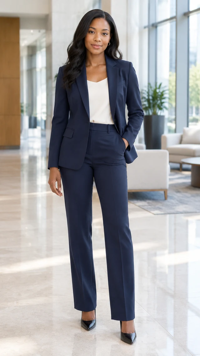 Adult woman wearing a plain deep navy tailored blazer and trousers in a bright office lobby.