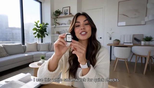 Creator holding a white smartwatch toward the camera in a bright living room