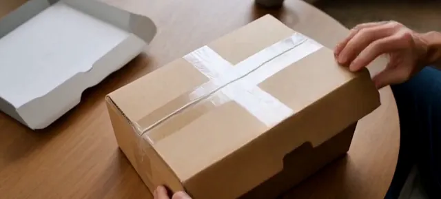 Cardboard shipping box with tape next to an open gray product box on a wooden table