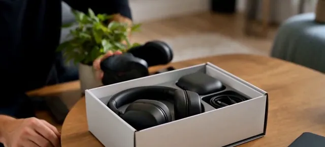 Open box with headphones and a charging case on a wooden table