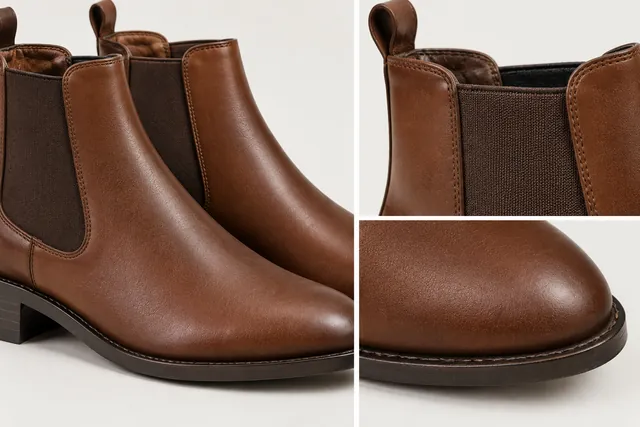 Close-up of brown leather Chelsea boots showing the elastic side panel, the pull tab and the toe