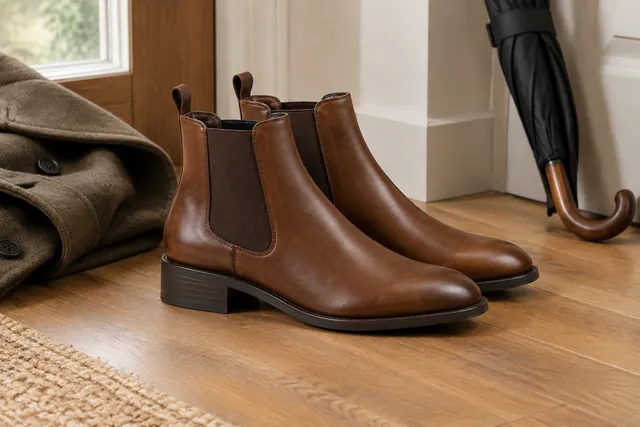 Pair of brown leather Chelsea boots on a wooden floor by a doorway next to a folded coat and an umbrella