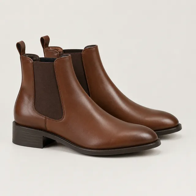 Pair of brown leather Chelsea ankle boots on a light studio background