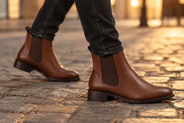 Brown leather Chelsea boots on a person in dark jeans walking over cobblestones in warm evening light