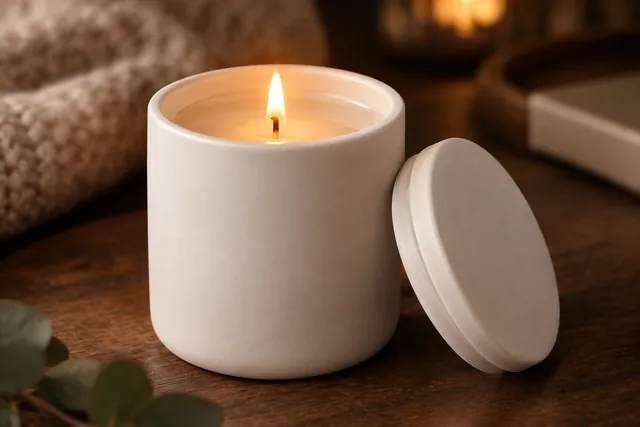 Lit candle in a white ceramic jar on a dark wooden table with a knit throw behind it