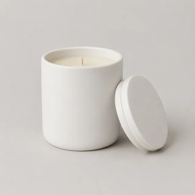 White ceramic candle jar with its lid leaning beside it on a light studio background