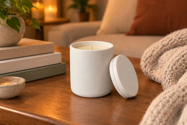 White ceramic candle jar with its lid beside it on a wooden coffee table with a stack of books and a knit throw