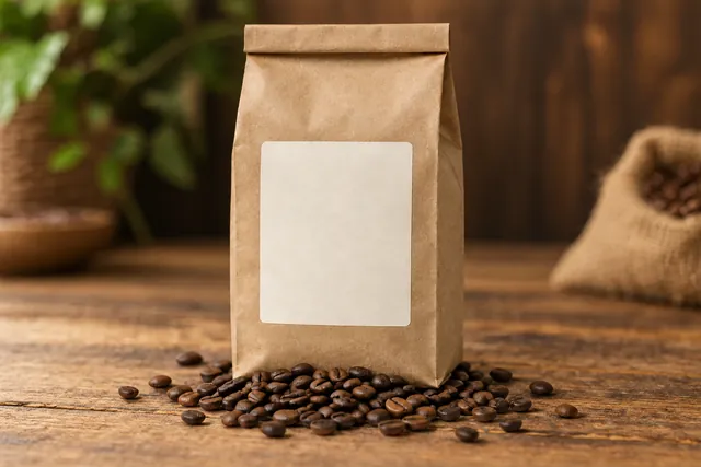 Kraft coffee bag with whole beans scattered in front of it on a wooden table beside a burlap sack
