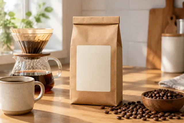 Kraft coffee bag beside a pour-over brewer, a ceramic mug and a bowl of beans on a sunlit kitchen counter