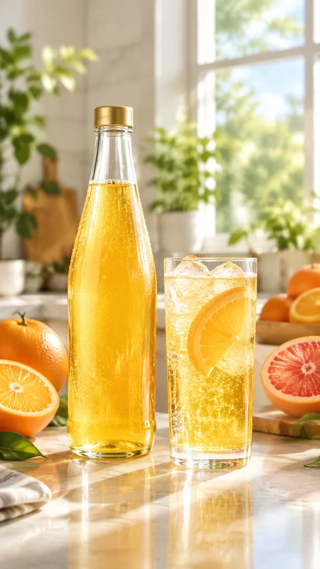 Glass bottle of golden sparkling citrus drink and a tall iced glass with an orange slice on a sunny kitchen counter
