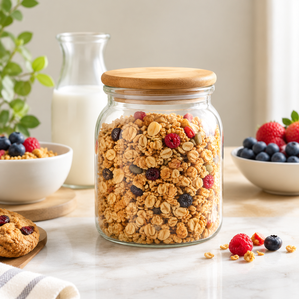 Clear glass jar of granola with berries on a bright breakfast counter, full product in frame, no readable text.
