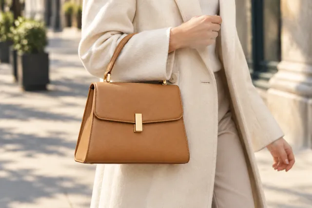 Person in a cream coat carrying a tan leather handbag on the arm on a sunny street