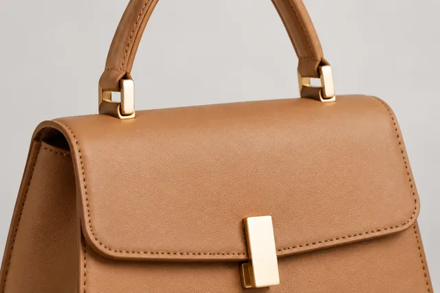Close-up of a tan leather handbag showing the stitched handle and the gold clasp