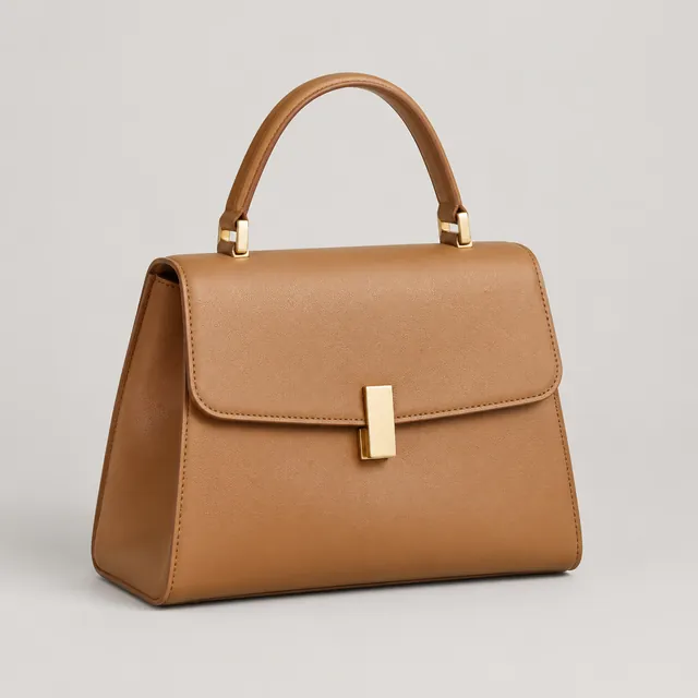 Tan leather top-handle handbag with a gold clasp on a light studio background