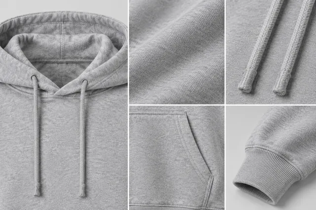 Close-up detail shots of a gray hoodie: the hood, the fabric, the drawstring ends, the front pocket and the ribbed cuff