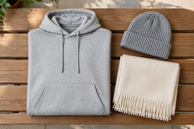 Folded gray hoodie on a wooden bench with a knit beanie and a cream scarf, seen from above
