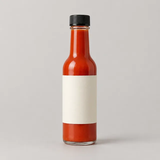Glass bottle of red hot sauce with a black cap and a blank cream label on a light studio background