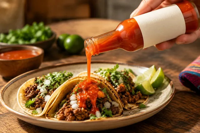 Red hot sauce being poured from a glass bottle onto tacos on a rustic table