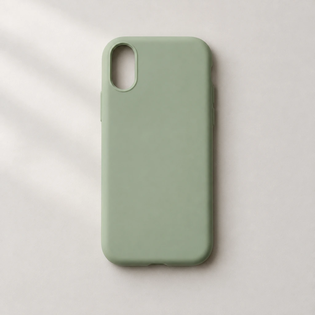 Unbranded sage silicone phone case shown by itself, with a generic single oval camera opening and no recognizable phone model cues.