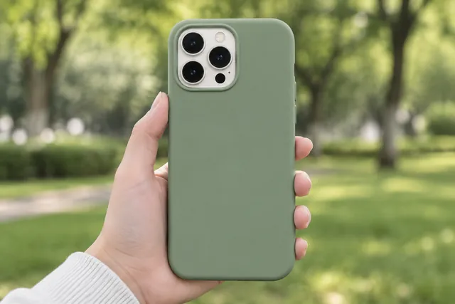 Hand holding a phone in a sage green case, back facing the camera, in front of a blurred green park