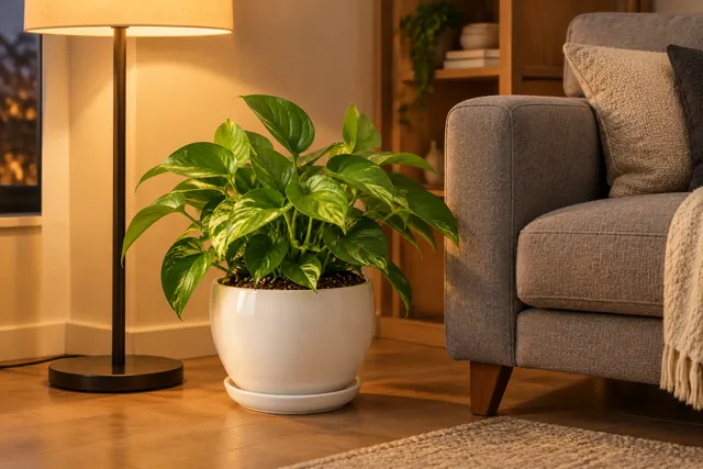 Leafy houseplant in a white ceramic planter in a living room corner beside a gray sofa and a floor lamp
