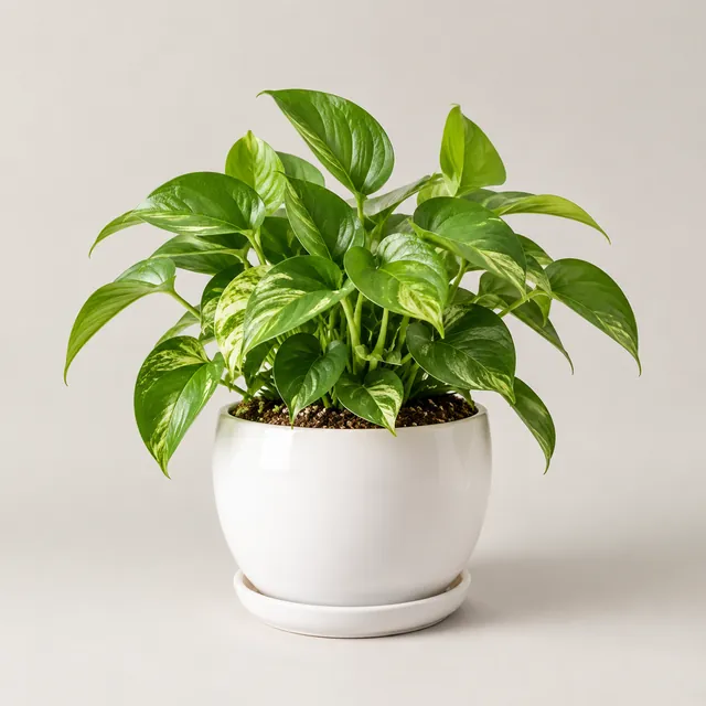 Leafy green houseplant in a round white ceramic planter with a saucer on a light studio background