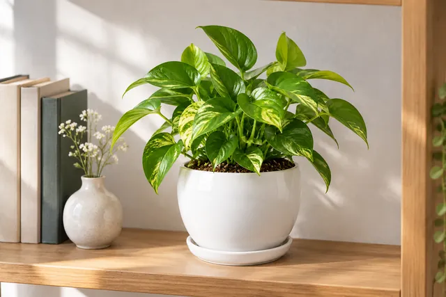 Leafy houseplant in a white ceramic planter on a wooden shelf beside books and a small vase