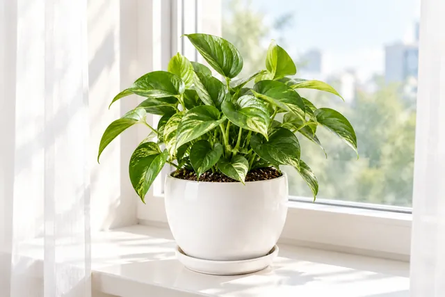 Leafy houseplant in a white ceramic planter on a sunny windowsill with sheer curtains