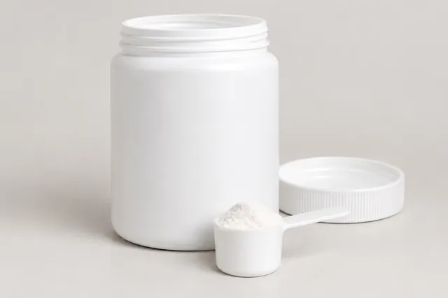 White protein powder tub with its lid off and a scoop of powder resting in front of it