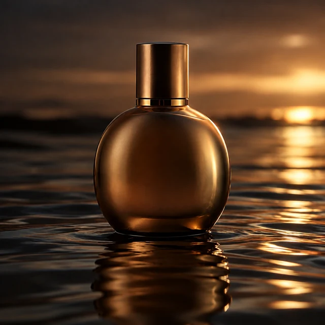 Rounded fragrance bottle reflected on dark water in cinematic light.