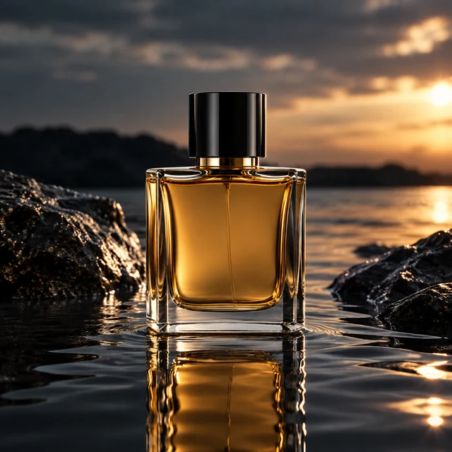 Opaque fragrance bottle reflected on dark water in cinematic light.