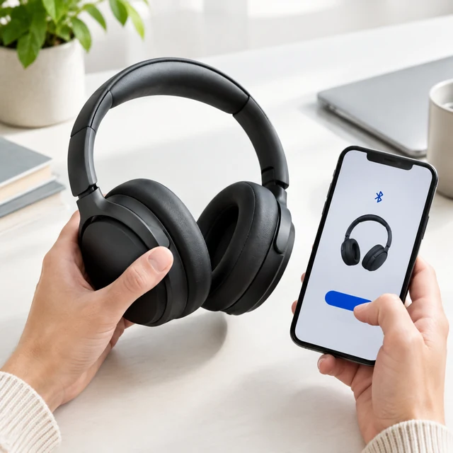 Adult pairs plain over-ear headphones with a generic phone.