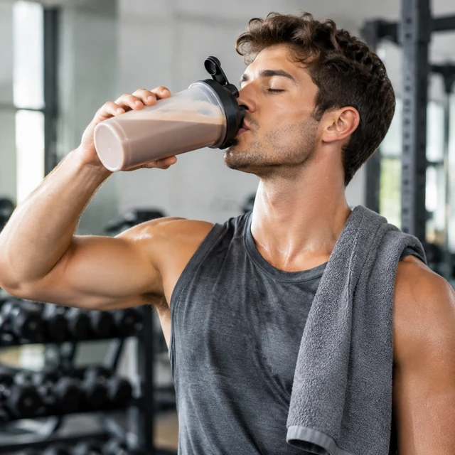 Adult tastes a protein shake after training.