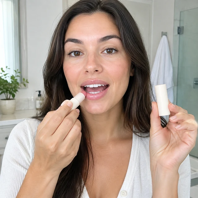 Adult applies tinted lip balm, then speaks to camera.