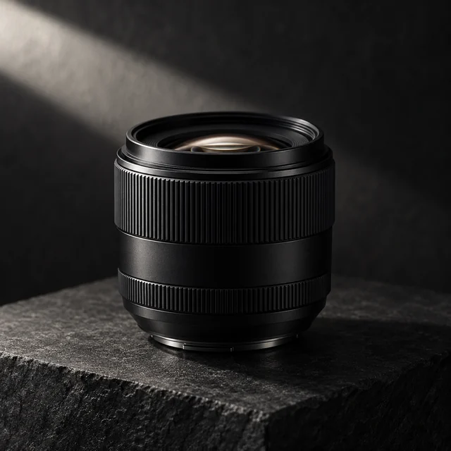 Camera lens on a dark plinth under a narrow strip of window light.