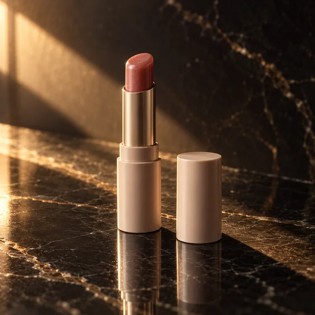 Adult applies tinted lip balm in front of a bright bathroom mirror.