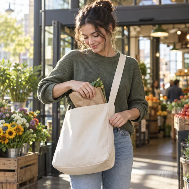 Adult carries a plain canvas tote along a sunny city street.