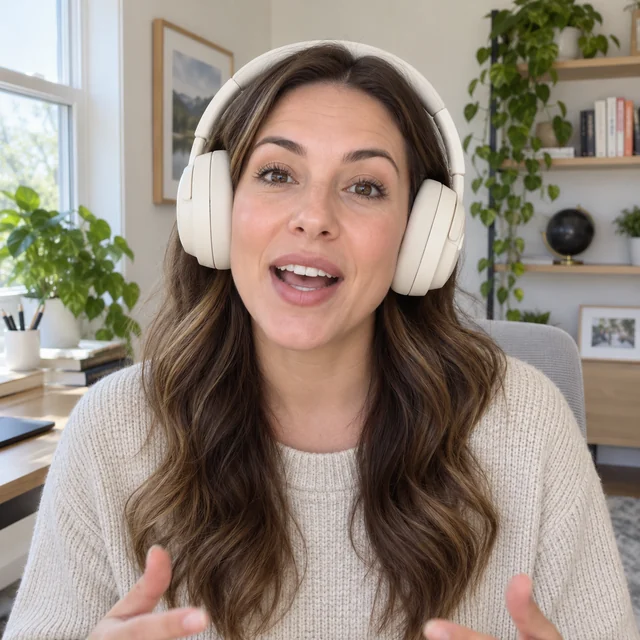Adult speaks to camera while wearing plain cream over-ear headphones.