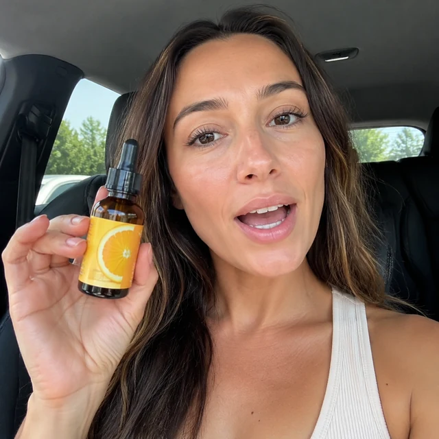 Adult creator in a parked car holds a vitamin C serum beside their face and speaks directly to camera, mouth visibly mid-sentence