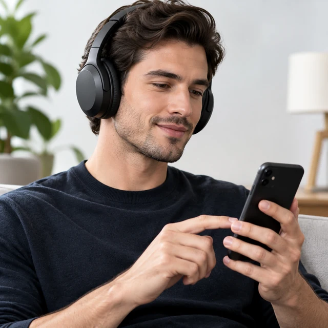 Adult wears over-ear headphones and taps pairing on a generic phone