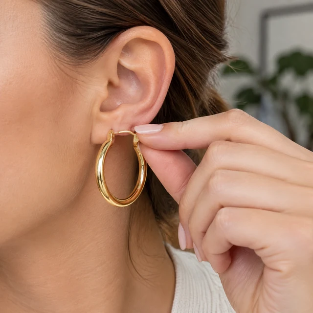 Adult hand fastens a gold hoop earring clasp