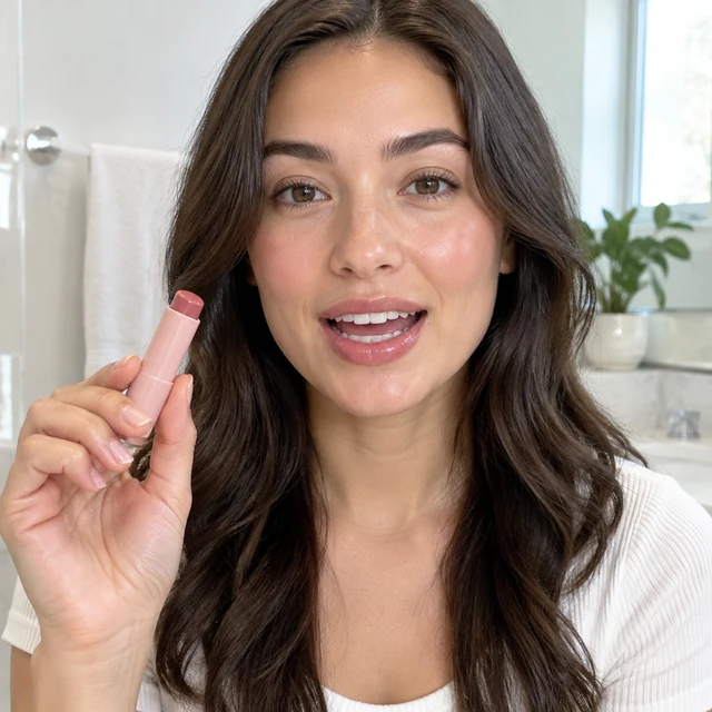 Adult creator applies tinted lip balm at a mirror, then holds it beside their face and speaks directly to camera, mouth visibly mid-sentence
