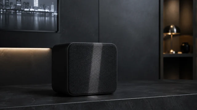 A plain speaker grille catches a cool cinematic highlight.