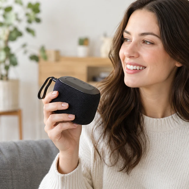 Adult holds a plain portable speaker in a dark room.